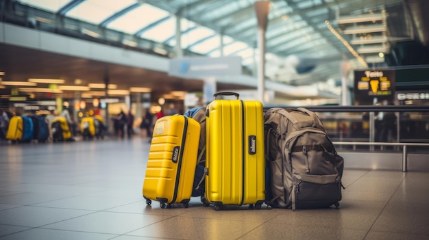 Koffer in leeren Koffern von Urlaubsreisenden im Wartebereich des Abflugterminals