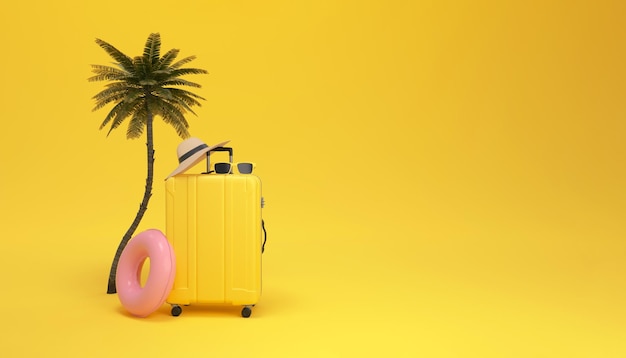 Koffer mit Sonnenbrille und Hut innerhalb einer Palme auf gelbem Hintergrund Reiseparadieskonzept minimal
