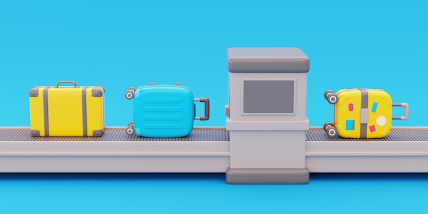 Koffer und Gepäck auf Förderband-Röntgenscanner im Flughafenterminal Tourismus- und Reisekonzept Urlaub Naturreise 3D-Render