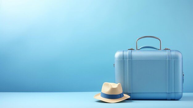 Koffer und Hut vor blauem Hintergrund Reisekonzept im minimalistischen Stil