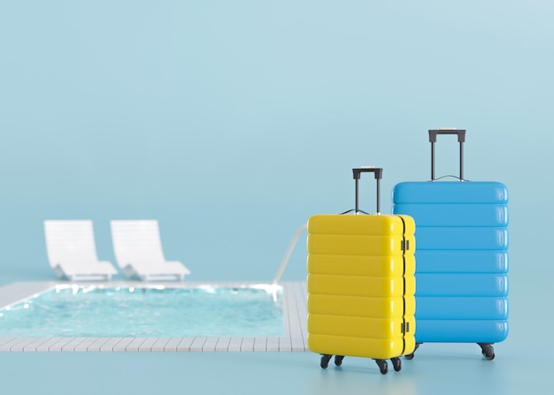 Koffer und Schwimmbad auf blauem Hintergrund Urlaub Tourismus Reisen Touristen toller Urlaub Entspannen Sie sich Zeit Paar Kopieren Sie Platz für Ihren Text oder Ihr Logo 3D-Rendering