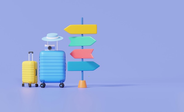 Kofferhut Kamera und Wegweiser der Reise auf lila pastellfarbenem Hintergrund Freizeitreisen Urlaub Sommerkonzept isoliert Cartoon minimal Banner Kopierraum 3d Render Illustration