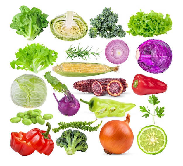 Kohl Brokkoli Salat Rosmarin Mais Kohlrabi Zwiebel Pfeffer Petersilie Sojapfeffer Zwiebel auf weißem Hintergrund