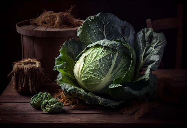 Kohl vom Biobauernhof auf dunklem Holztisch AI generiert