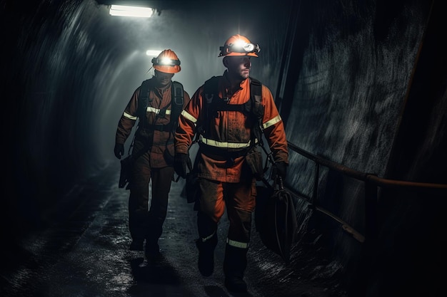 Kohlebergleute laufen durch den Tunnel in einer Mine. Generative KI