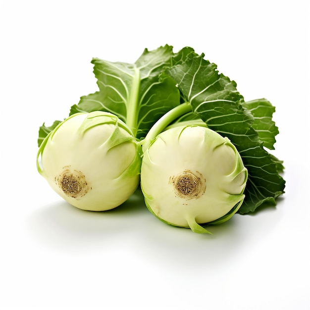 Kohlrabi fresco isolado com folhas verdes em fundo branco