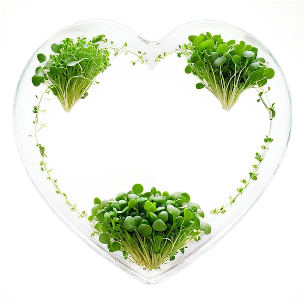 Kohlrabi microgreens ordenadamente dispuestos en un moderno cuenco de vidrio transparente claro en forma de corazón disparado