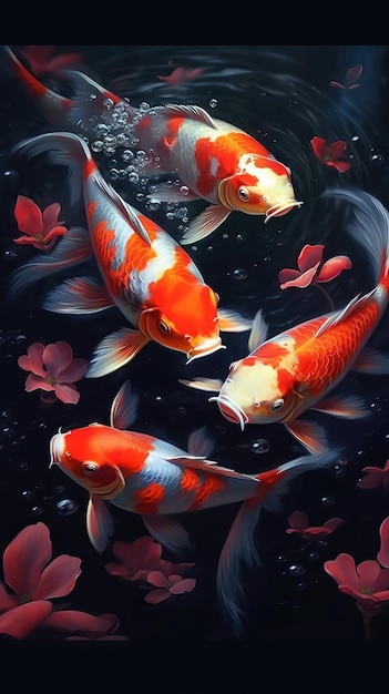 Koi-Fisch-Collage auf dunklem Hintergrund, generative KI