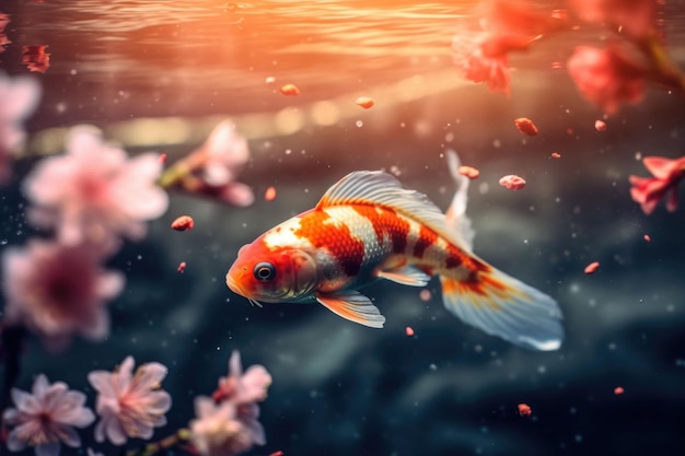 Koi-Fische schwimmen im Frühling in einem Teich unter einem blühenden Kirschbaum. Kirschblüten landen in einem See. Generative KI-Illustration