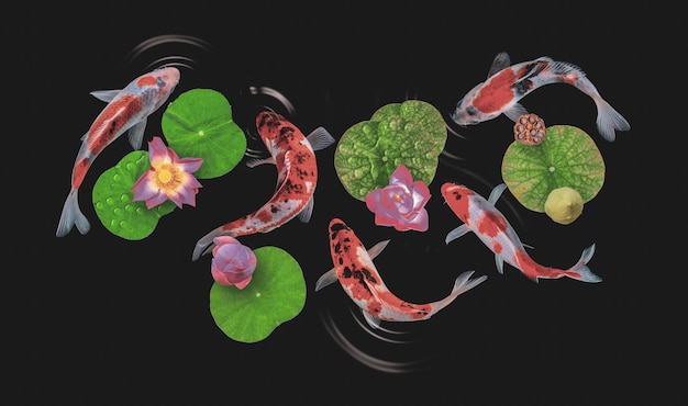Koi-Fische schwimmen in künstlichen Teichen mit einem schönen Hintergrund aus grünen Pflanzen