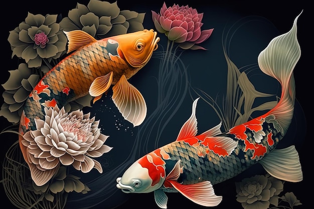 Koi-Fischmalerei in floraler digitaler Kunstmalerei im japanischen asiatischen Stil