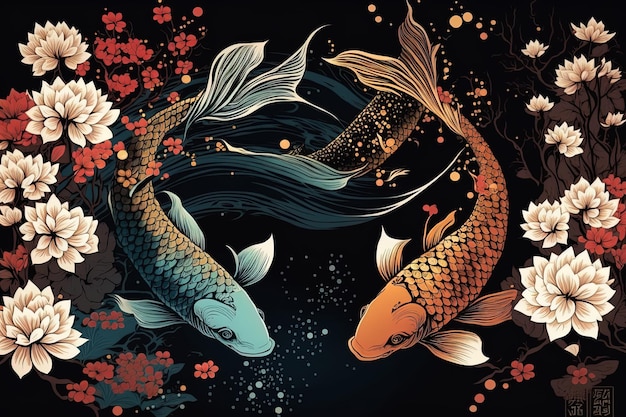 Koi-Fischmalerei in floraler digitaler Kunstmalerei im japanischen asiatischen Stil