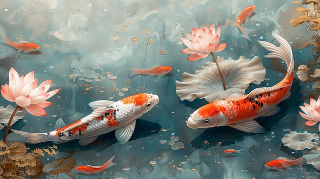 Koi-Karpfen und Lotusblumen in Aquarell