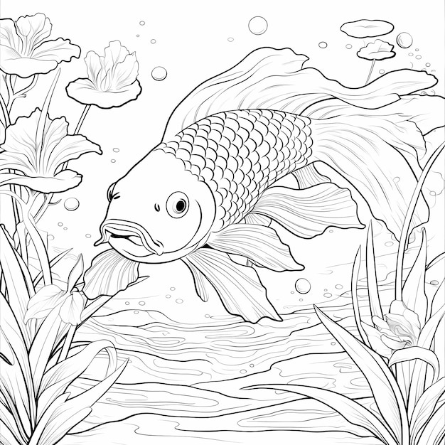 Koi Serenity Relajante libro de colorear para adultos con el estanque de peces de dibujos animados