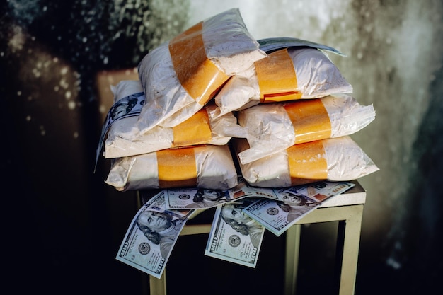 Foto kokain und geld nahaufnahme von partydekorationen und dollars am arbeitsplatz im büro