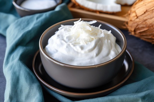 Kokosjoghurt mit Kokosraspeln darauf in einer Schüssel