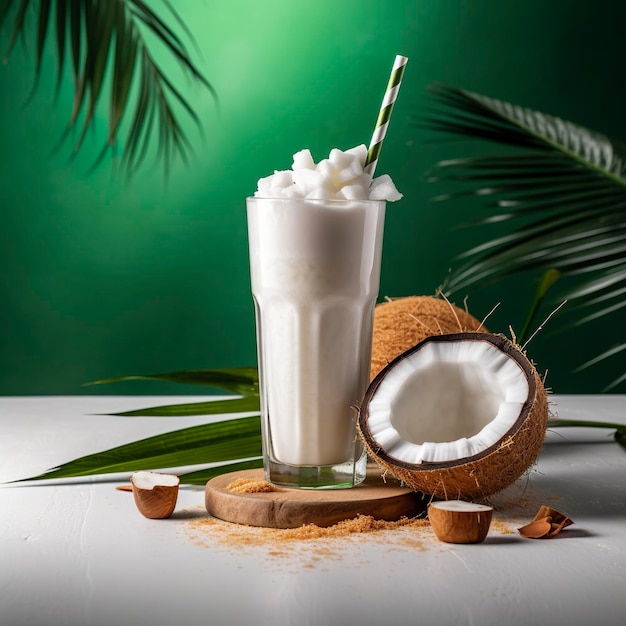 Kokosmilch-Shake-Glas mit frisch geschnittener Kokosnuss Generative AI