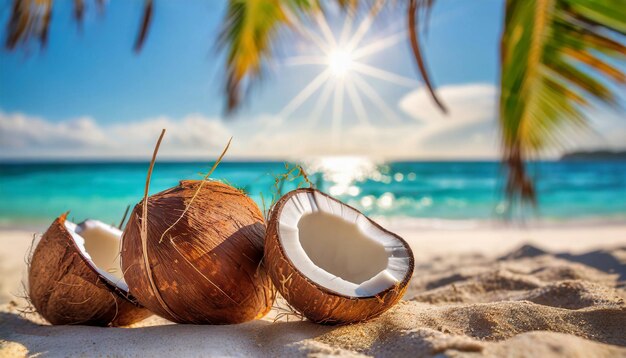 Kokosnüsse am Sandstrand mit verschwommenem Meerblick Schöne Meeresküste Tropisches Resort