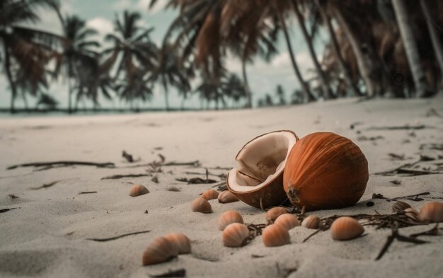 Kokosnüsse am Strand mit Palmen im Hintergrund