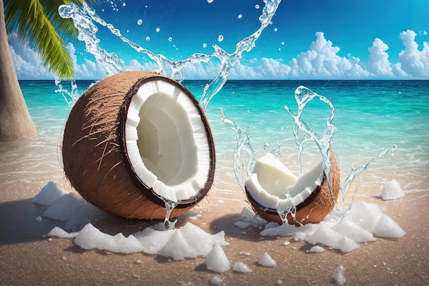 Kokosnüsse an einem Strand mit blauem Himmel im Hintergrund
