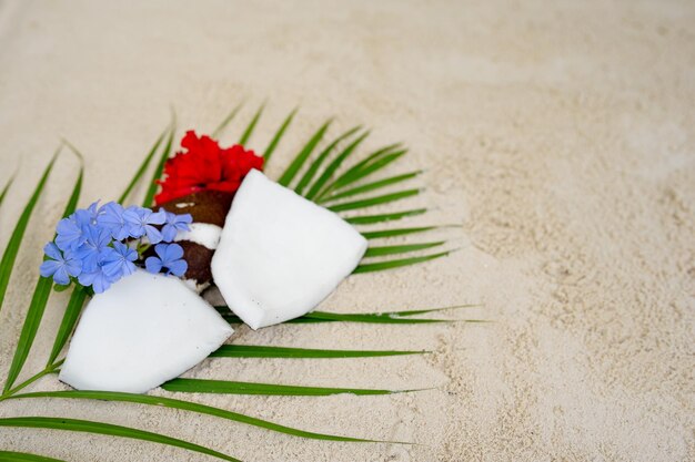 Kokosnuss auf Palmblättern und Blumen am Strand