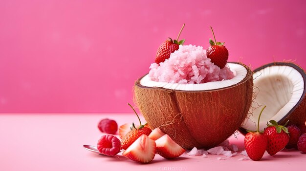 Kokosnuss gefüllt mit Obstsalat auf einem rosa Hintergrund, der von KI generiert wurde