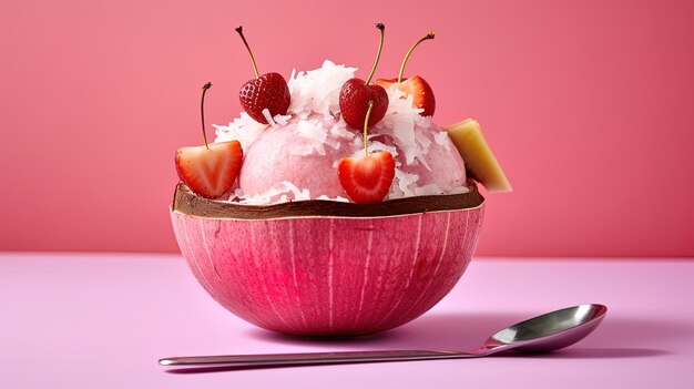 Kokosnuss gefüllt mit Obstsalat auf einem rosa Hintergrund, der von KI generiert wurde