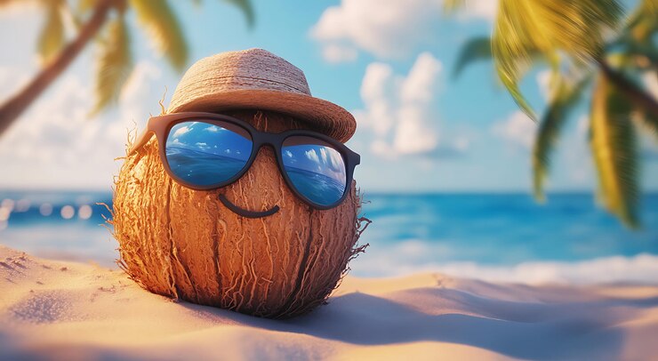 Foto kokosnuss mit sonnenbrille und hut am strand