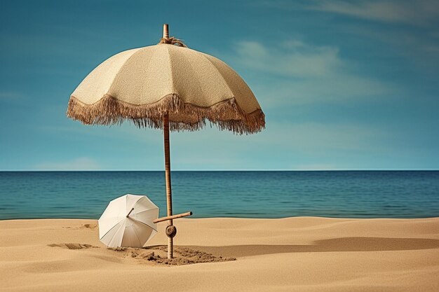 Kokosnuss mit zwei Strohhalmen und einem Regenschirm am Strand