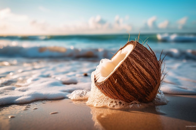 Kokosnuss ruht an einem Strand, umgeben von Palmen mit generativer Meeresbrise