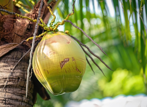 Kokosnuss wächst auf einem Baum im Erntegarten bei einer ewigen Sonnenstrahlung