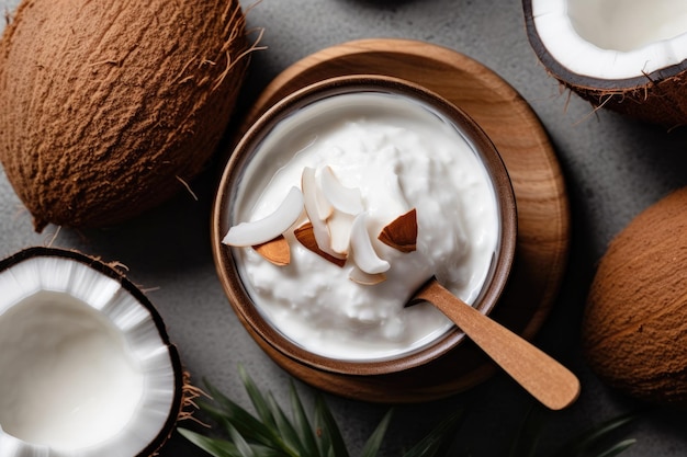 Kokosnusscreme im Küchentisch, professionelle Werbung für Lebensmittelfotografie