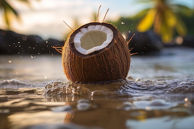 Kokosnusswasser in einem Tiki-Becher mit Kokosnüssenthema