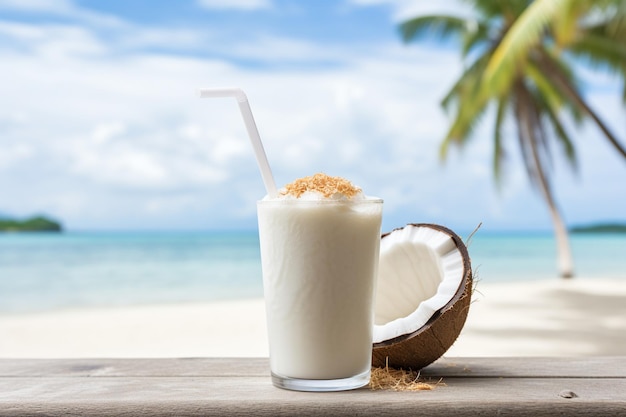 Kokosnusswasser trinken an einem Meeressandstrand