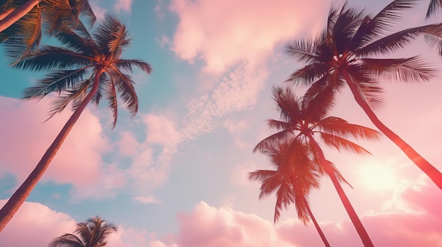 Kokospalmen auf rosa Himmelshintergrund Vintage getönt