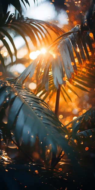 Kokospalmenblätter mit dekorativen Lichtern für einen Strandparty-Sonnenuntergang mit Bokeh-Licht