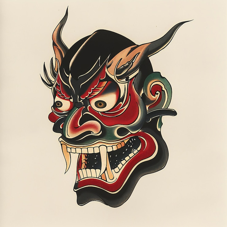 Foto kokushikijo máscara muy simple tatuaje tradicional estilos flash ilustración