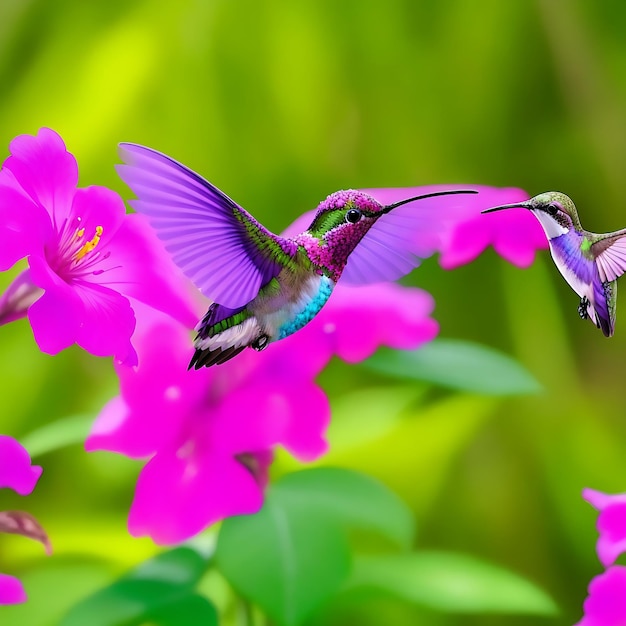 Kolibri fliegt neben einer wunderschönen rosa Blume, die von der KI erzeugt wurde