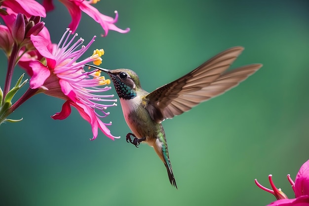 Kolibri fliegt und nimmt den Nektar von der Blume