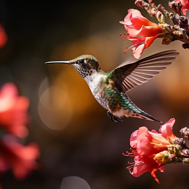 Kolibri fliegt vor einer Blume mit dem Namen „“ darauf.