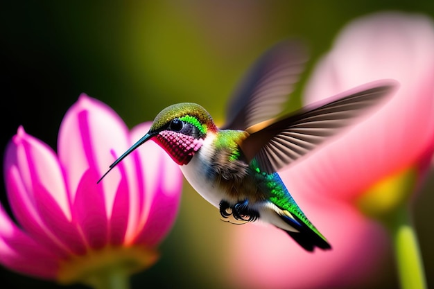 Kolibri im Flug, Nahaufnahme in der Nähe einer Blume