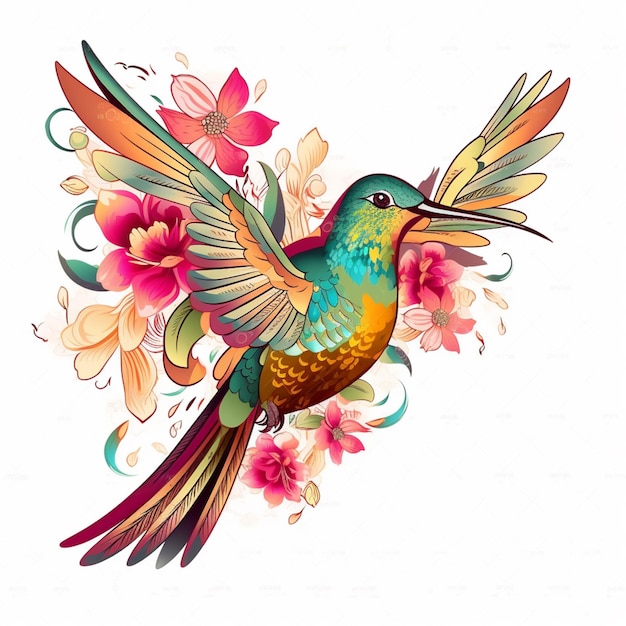 Kolibri in leuchtenden Farben mit Blumen und Blättern auf weißem Hintergrund, generative KI