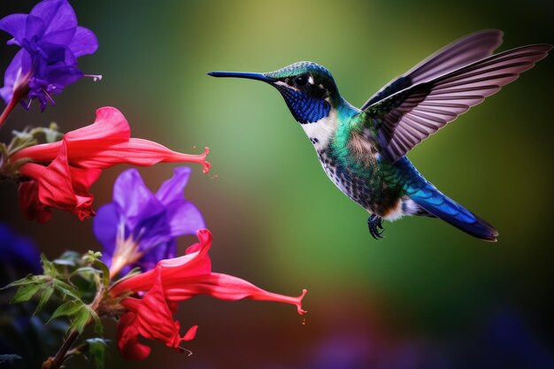 Kolibri mit Blume im Hintergrund Kolibri im Flug mit Blumen Blauer Kolibri Violett Sabrewing fliegt neben der schönen roten Blume AI Generated