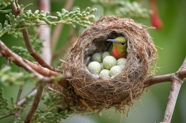 Kolibri-Nest mit Eiern und Kolibri-Mutter in der Nähe, erstellt mit generativer KI