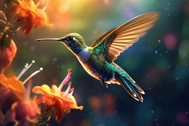 Kolibri saugt am Morgen Nektar aus einer Blume Close Up Generative KI