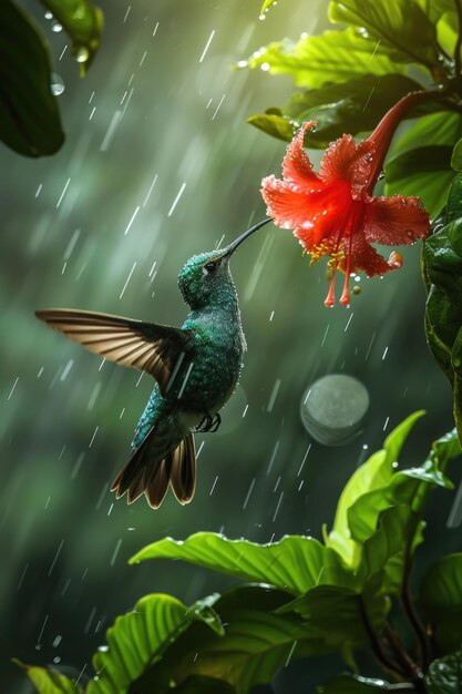 Kolibri schwebt bei einer roten Blume im Regenwald bei nebligem Licht