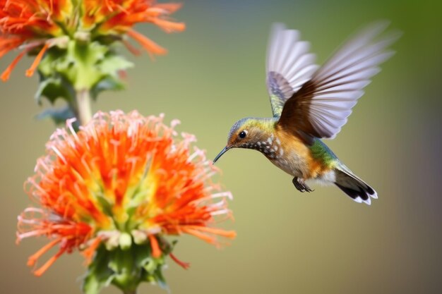 Kolibri schwebt mitten in der Luft und singt in blühende Blumen