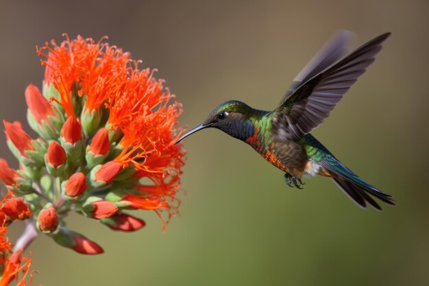 Kolibri schwebt über einer Blume, um sich zu ernähren, erstellt mit generativer KI