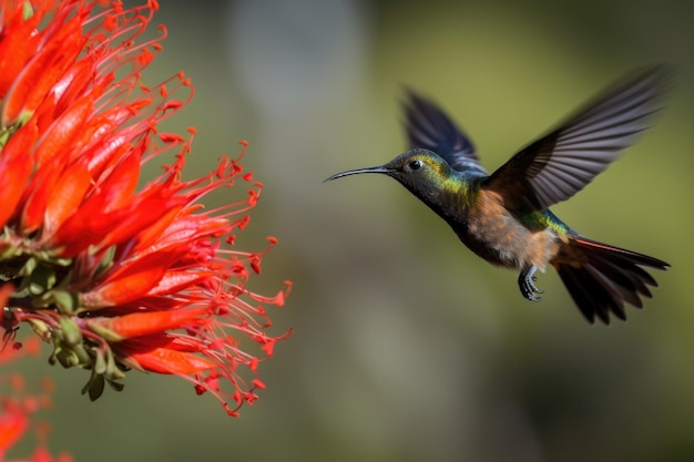 Kolibri schwebt über einer Blume und lernt die Grundlagen des Fliegens, erstellt mit generativer KI