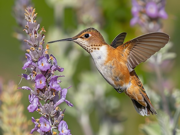 Kolibri schwebt über einer lila Blume